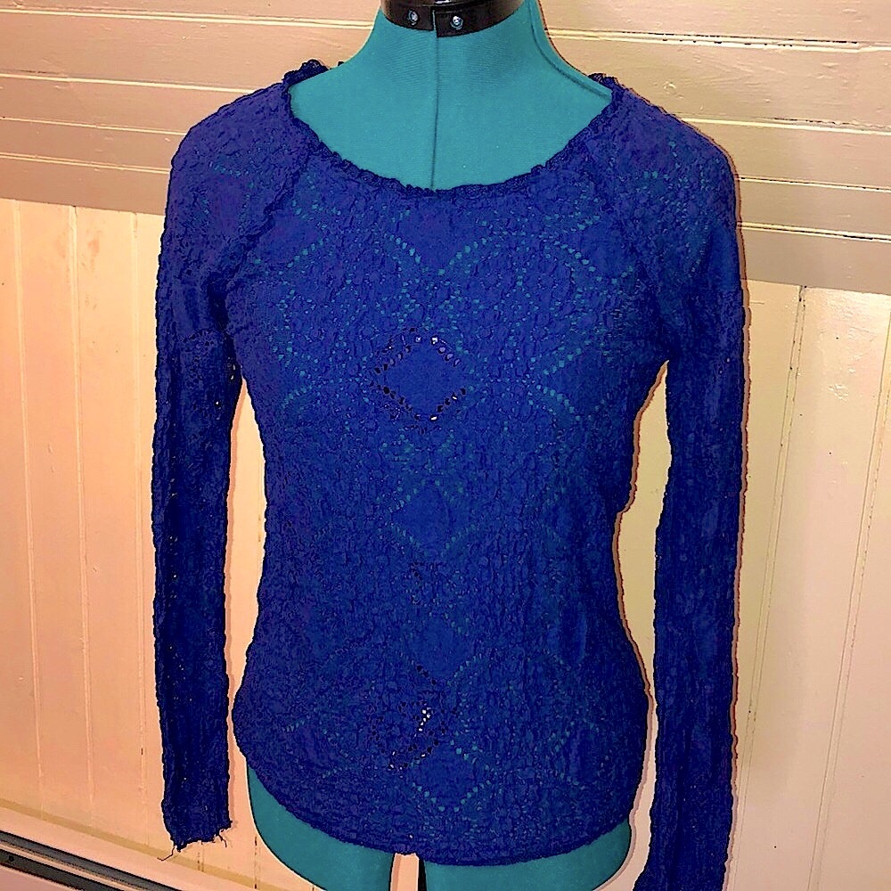 Free People Navy Lace L/S Top Boho Gorgeous